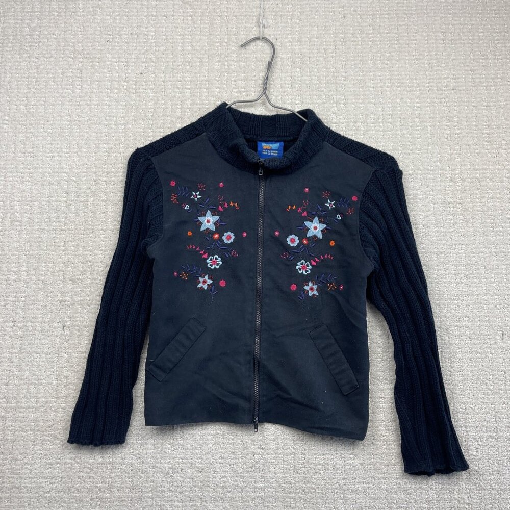 Y2K Kaboo Ribbed Knit Sweater Full Zip Jacket Dark Blue Floral Embroidery Sz 5